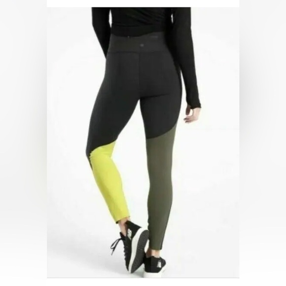 Womens Athleta Sz XXS ASYM Colorblock Supersonic Tights Black Yellow High Waist - Picture 1 of 6